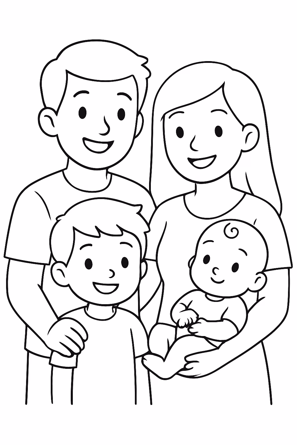 Quero que gere um de pai mae e dois meninos para colorir — desenho para imprimir