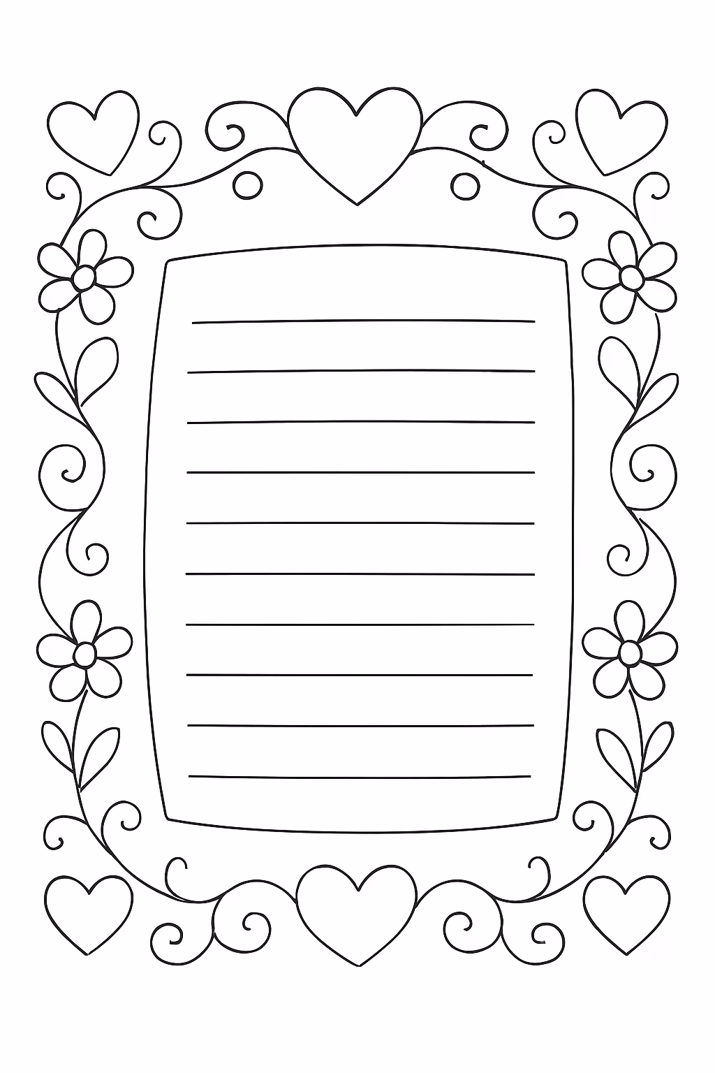 Quero uma carta com linhas mim escrever e moldura romantica para colorir — desenho para imprimir