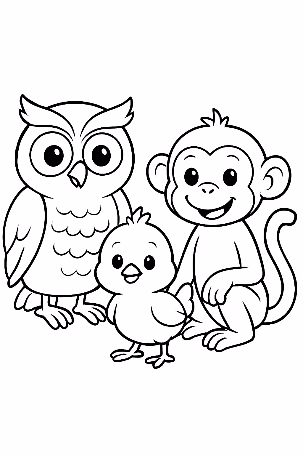 Quero uma coruja um pintinho um macaco para colorir — desenho para imprimir