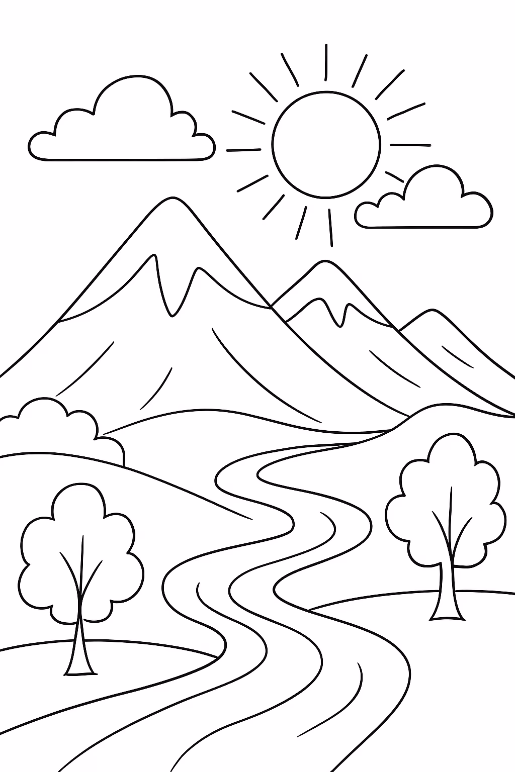 Quero uma paisagem de montanhas riachos nuvem e um belo para colorir — desenho para imprimir