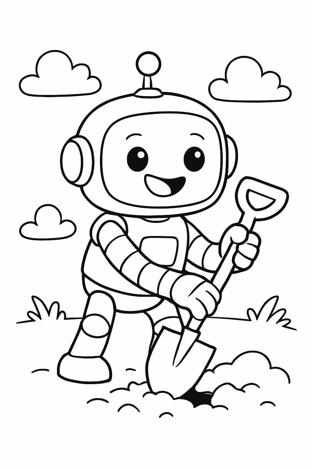 Robo fofo feliz cavando para colorir — desenho para imprimir