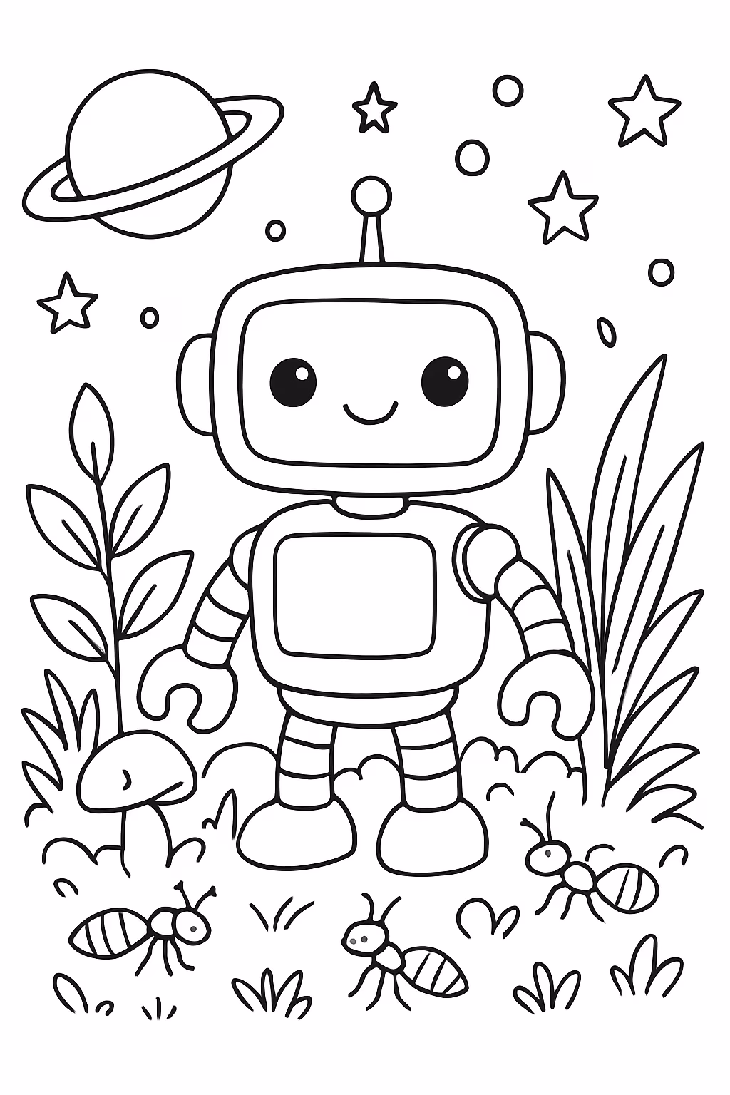 Robo fofo misturado com mato e universo pararelo com formigas para colorir — desenho para imprimir