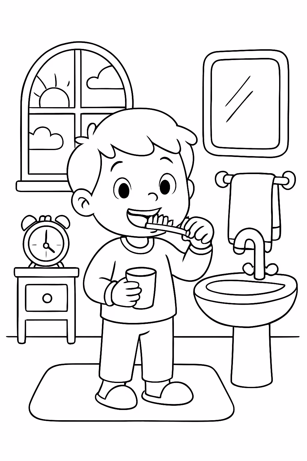 Rotina matinal da crianca para colorir — desenho para imprimir