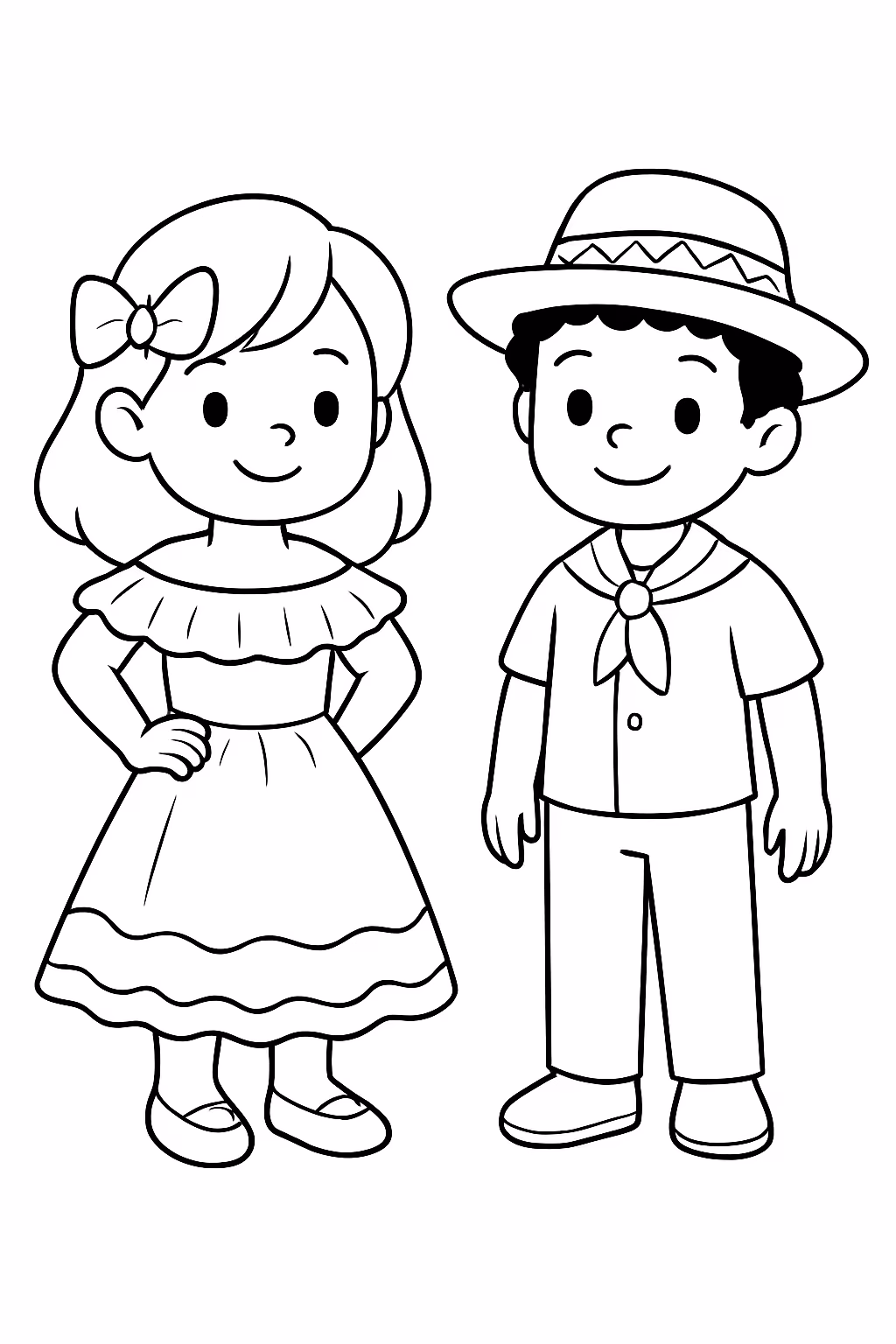 Roupas do brasil e cabelo de menina e menino para colorir — desenho para imprimir