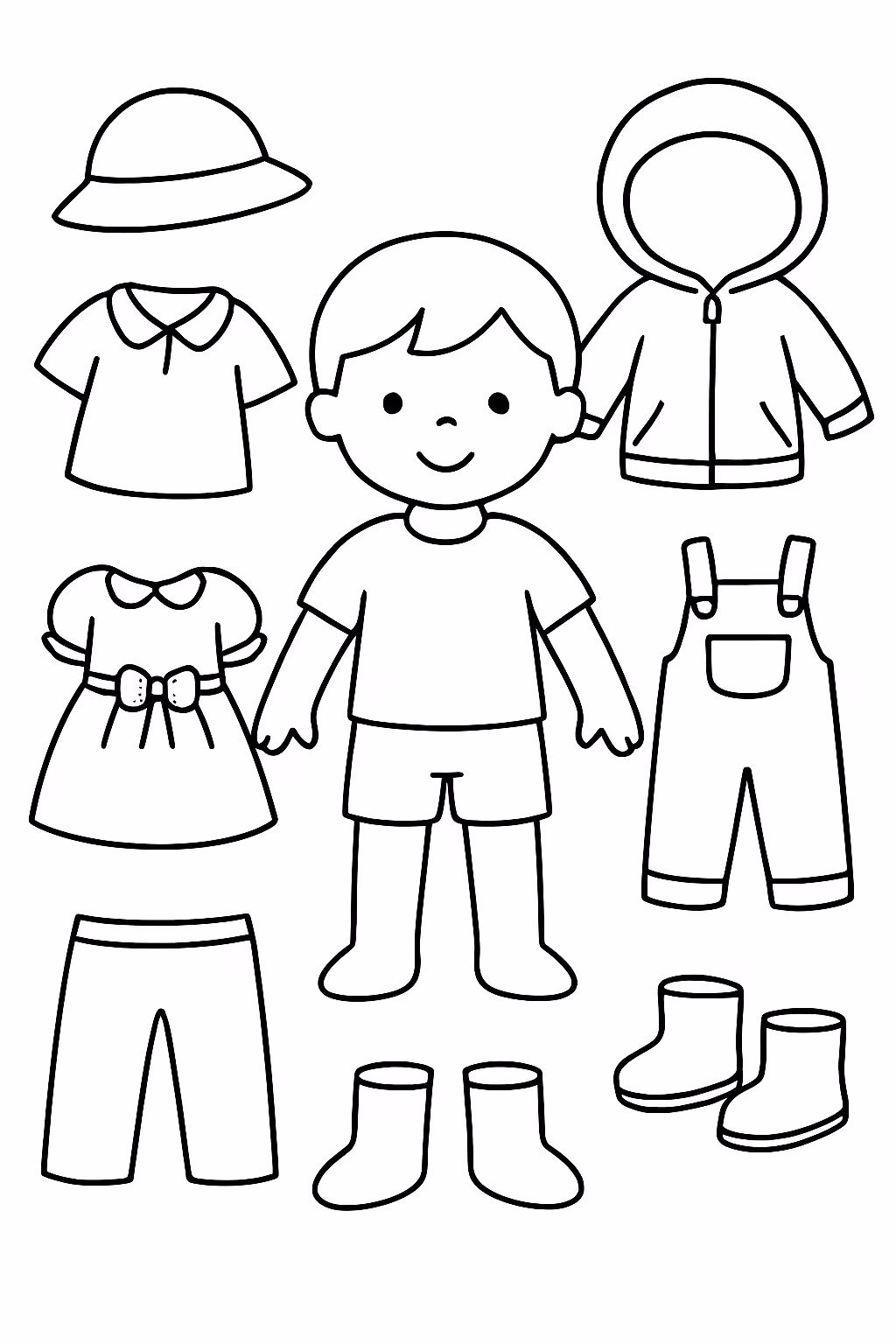 Roupas e bonecos separados vestir para colorir — desenho para imprimir