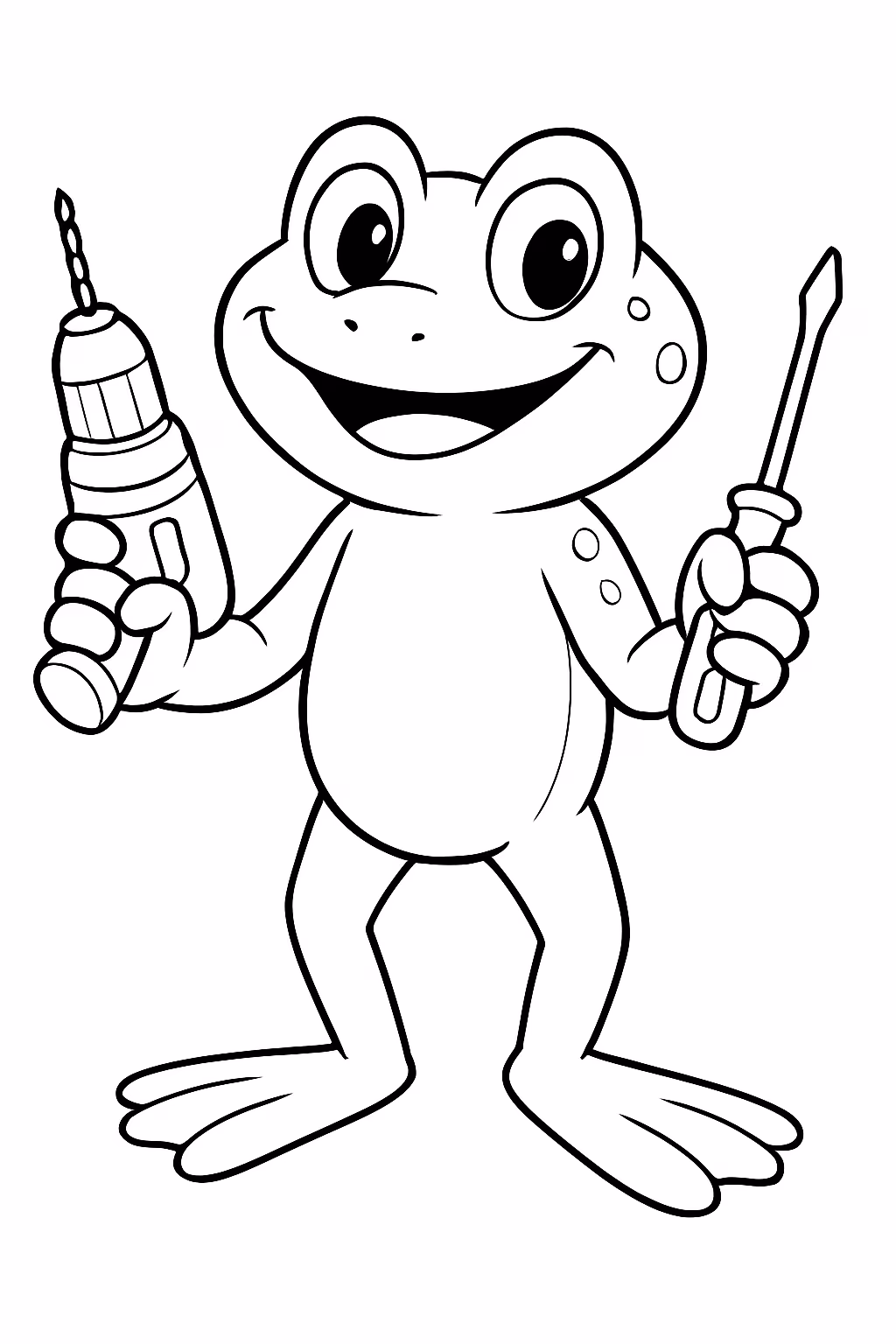 Sapo com uma furadeira e uma chave de fenda para colorir — desenho para imprimir