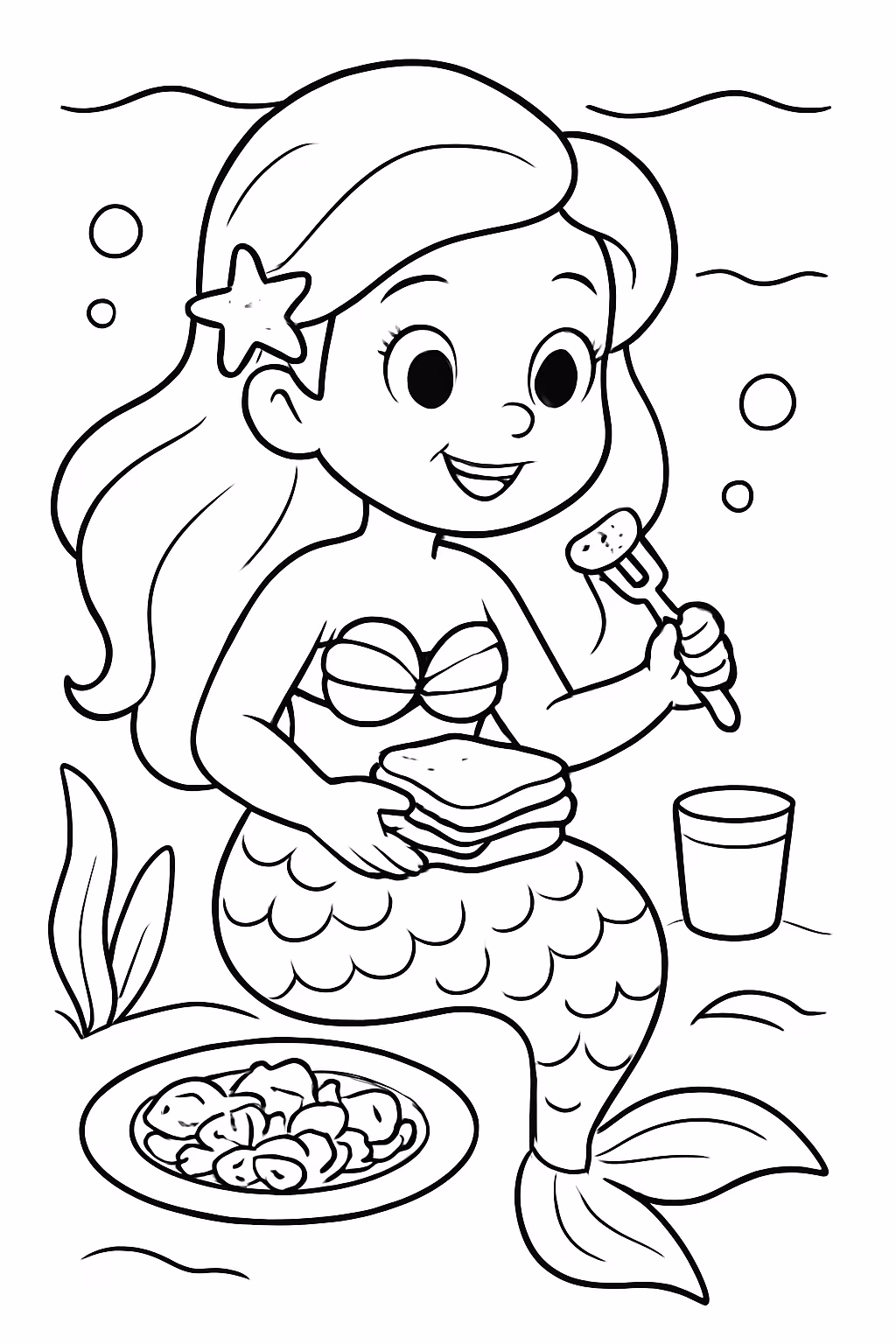Sereia almocando para colorir — desenho para imprimir