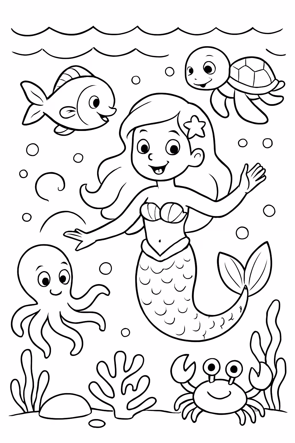 Sereia brincando com os amigos para colorir — desenho para imprimir
