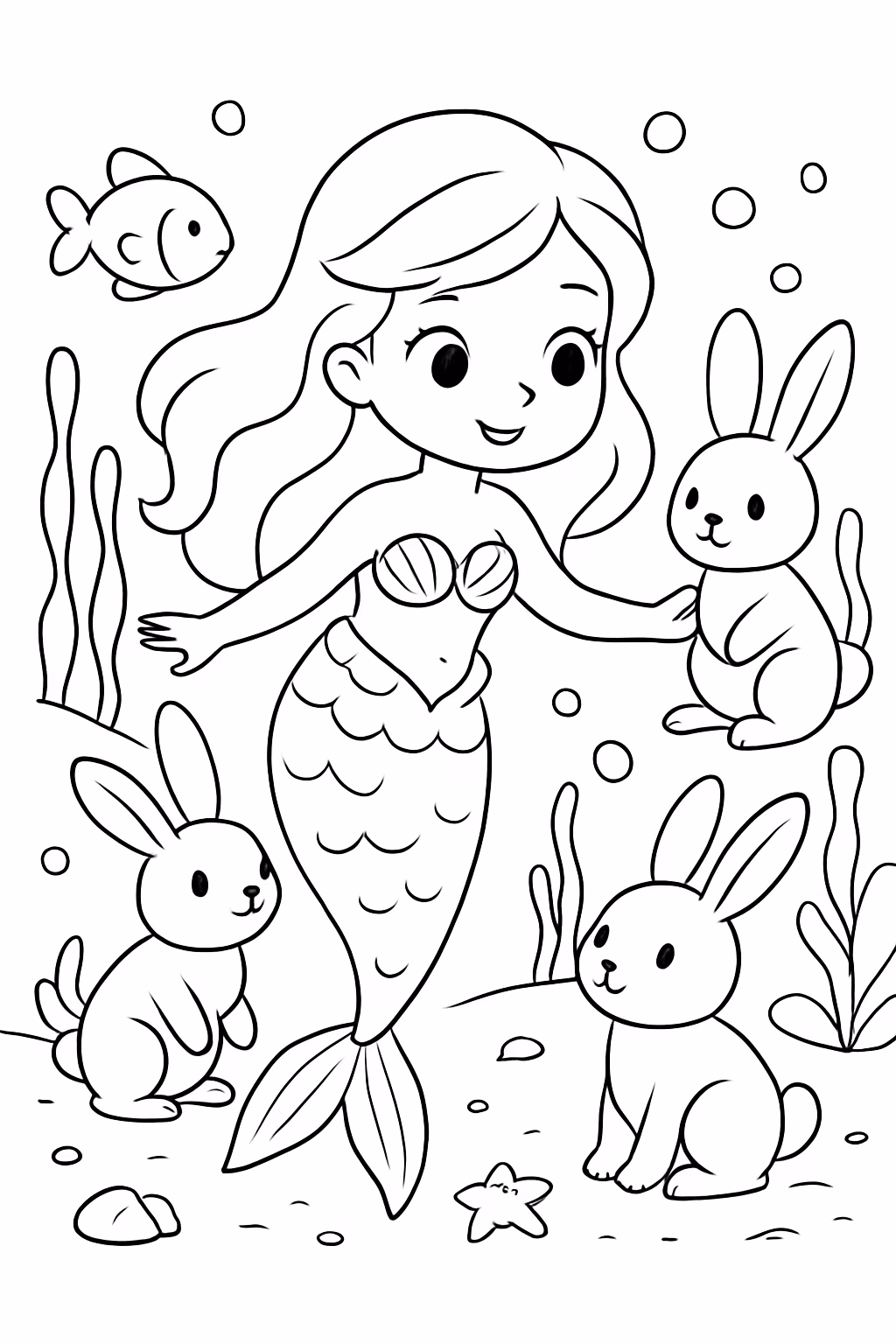 Sereia no fundo do mar com coelhos para colorir — desenho para imprimir