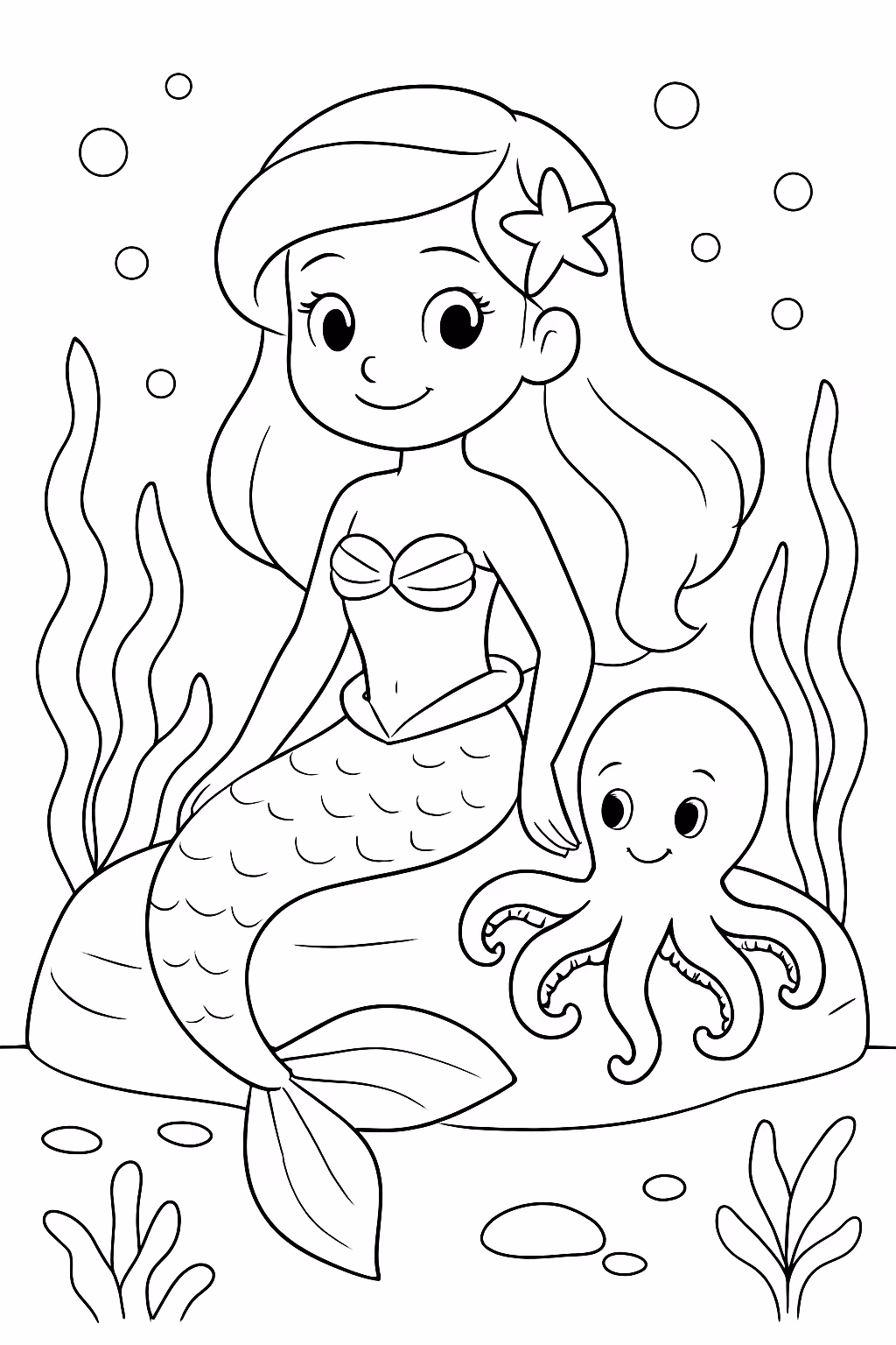 Sereia no fundo do mar com um polvo sentada em para colorir — desenho para imprimir