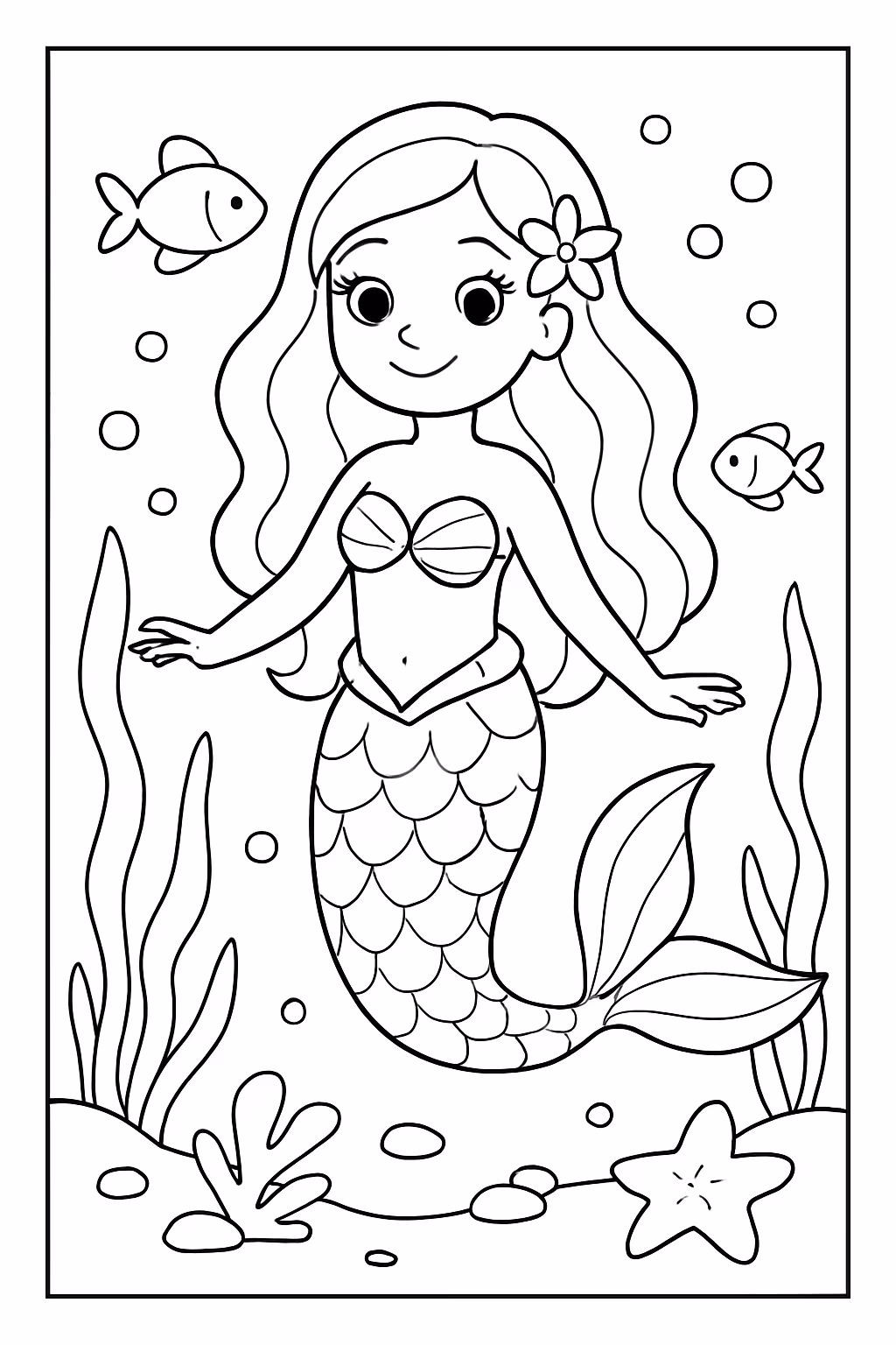 Sereia no fundo do mar em 10x15 para colorir — desenho para imprimir