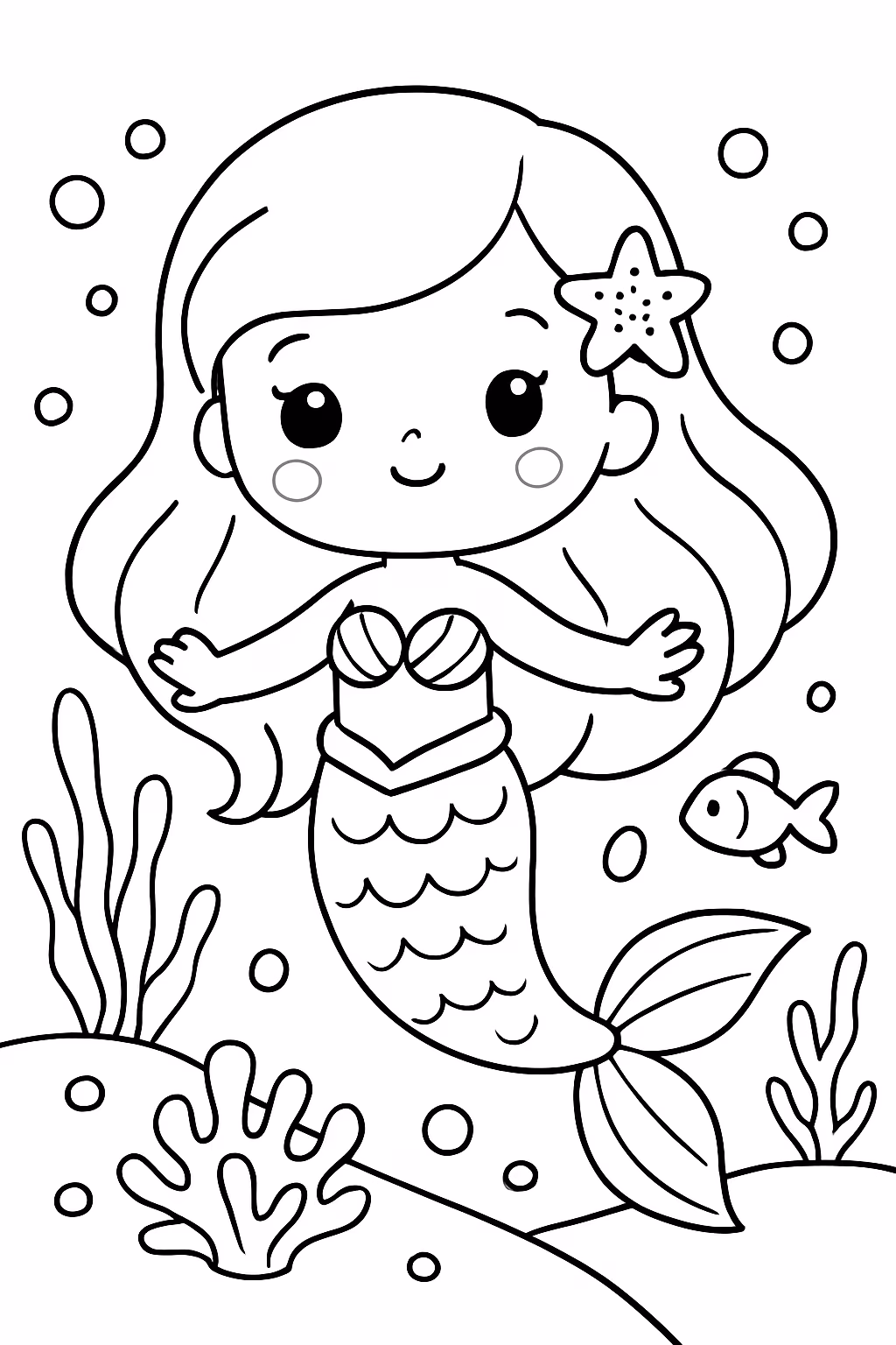 Sereia no fundo do mar kawaii para colorir — desenho para imprimir