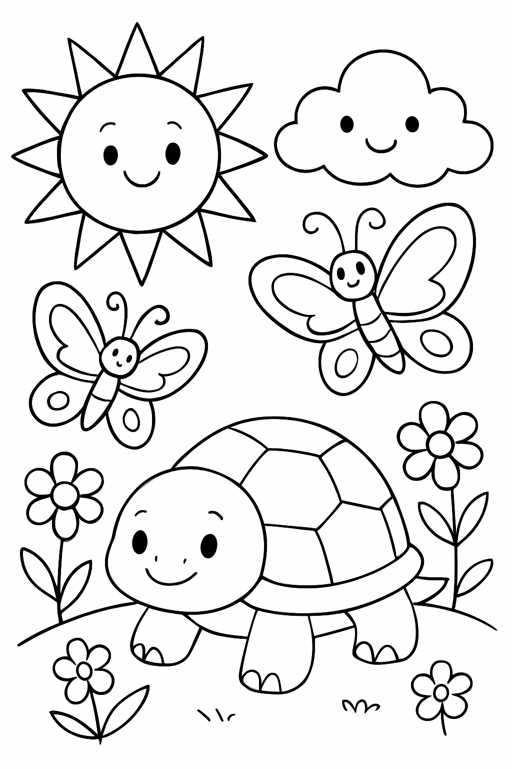 Sol borboletas tartaruga nuvem flores para colorir — desenho para imprimir