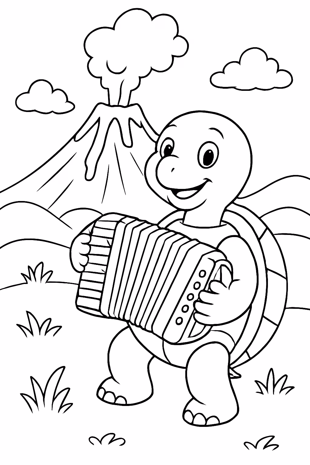Tartaruga tocando acordeao no vulcao xyz42 para colorir — desenho para imprimir