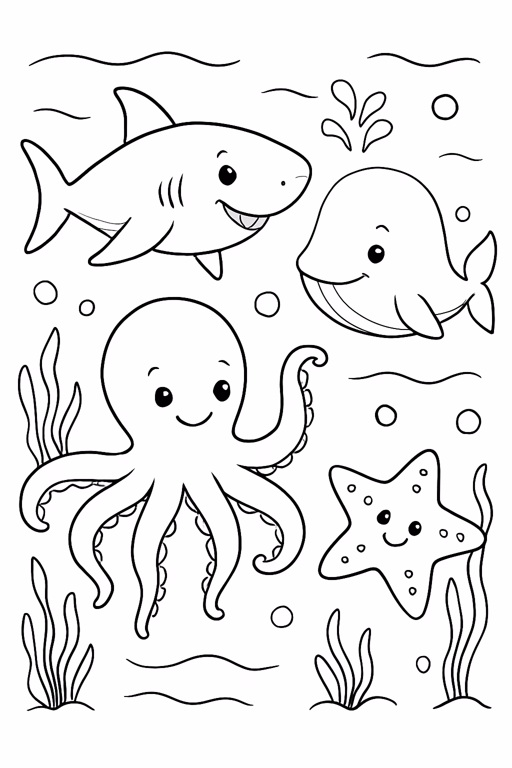 Tema fundo do mar com tubarao baleia polvo e estrela para colorir — desenho para imprimir