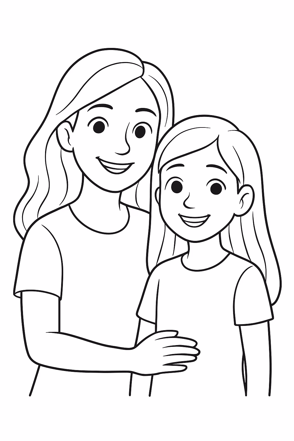 Tia cabelo solto com sobrinha de anos para colorir — desenho para imprimir