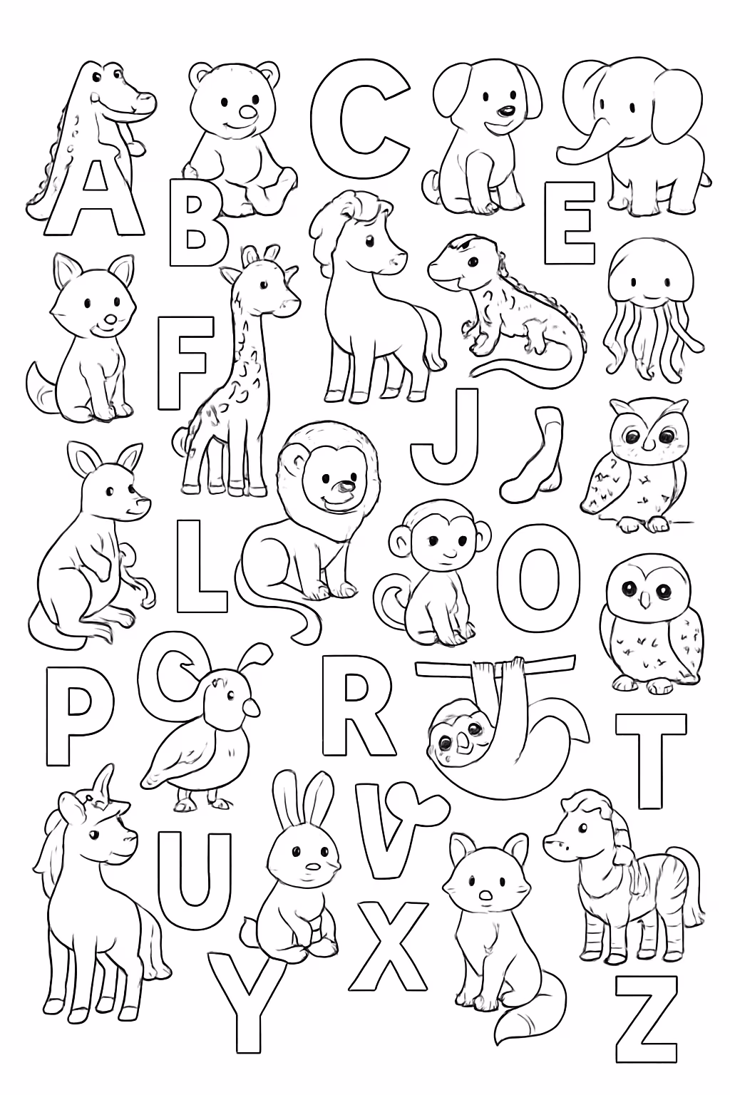 Todas as letras do alfabeto e cada letra tem um para colorir — desenho para imprimir