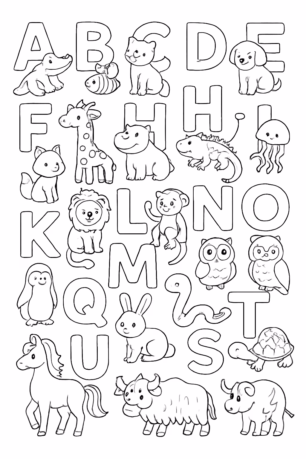Todas as letras do alfabeto e cada letra tem um para colorir — desenho para imprimir