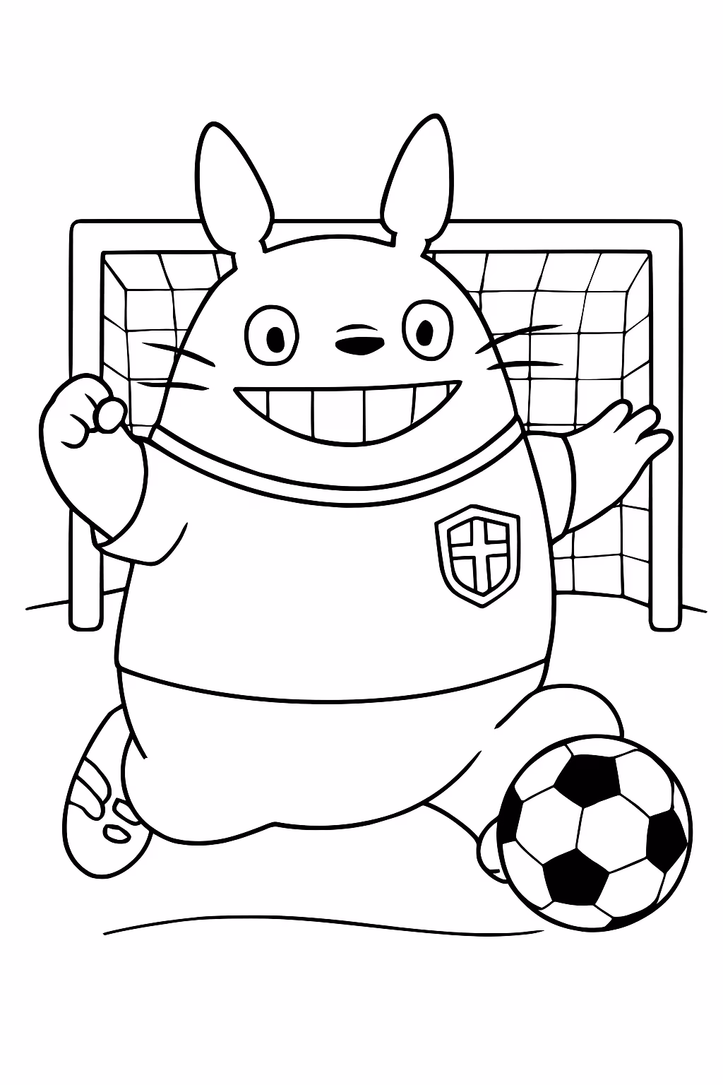 Totoro jogando futebol feliz sorridente e fazendo gol com a para colorir — desenho para imprimir