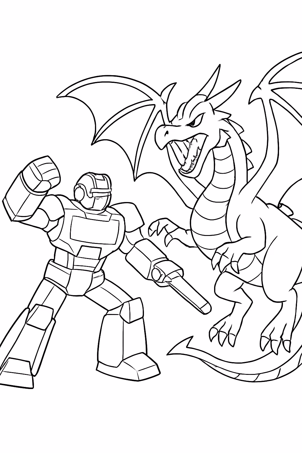 Transformers lutando contra dragao para colorir — desenho para imprimir