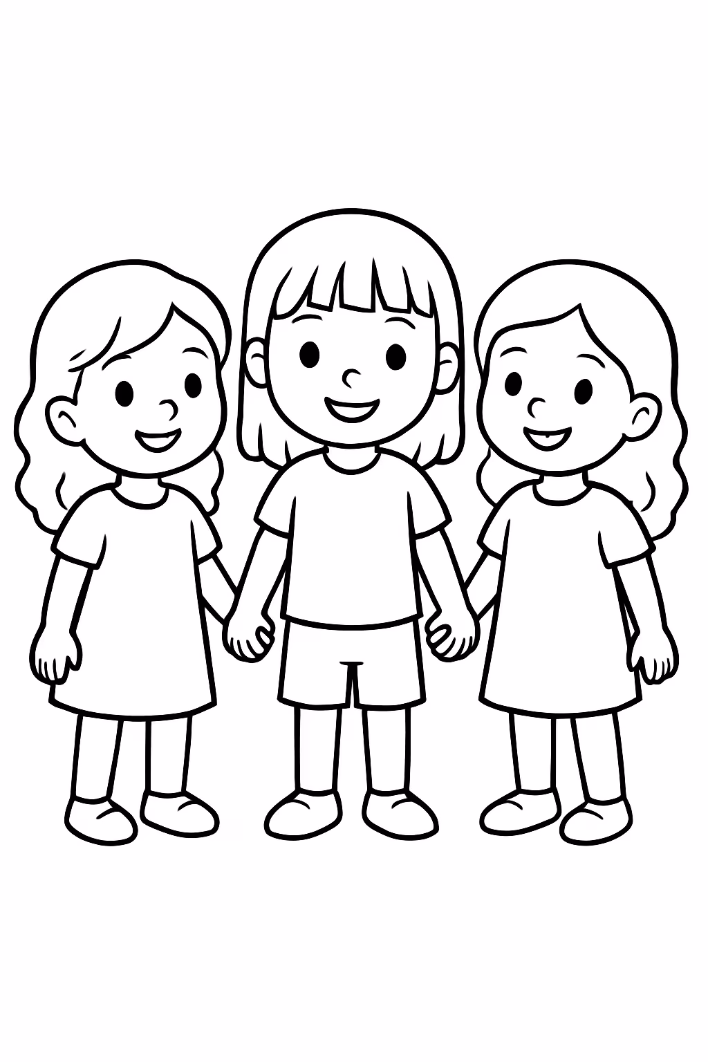 Tres menias de maos dadas a do meio um pouco para colorir — desenho para imprimir