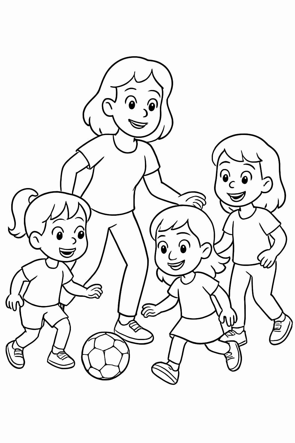 Tres meninas com a mae jogando bola para colorir — desenho para imprimir