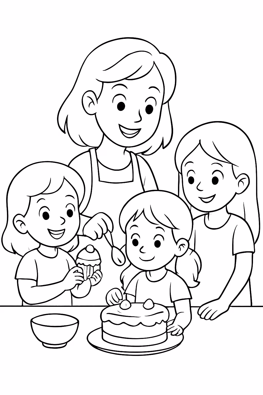 Tres meninas com a mae jogando bolo para colorir — desenho para imprimir