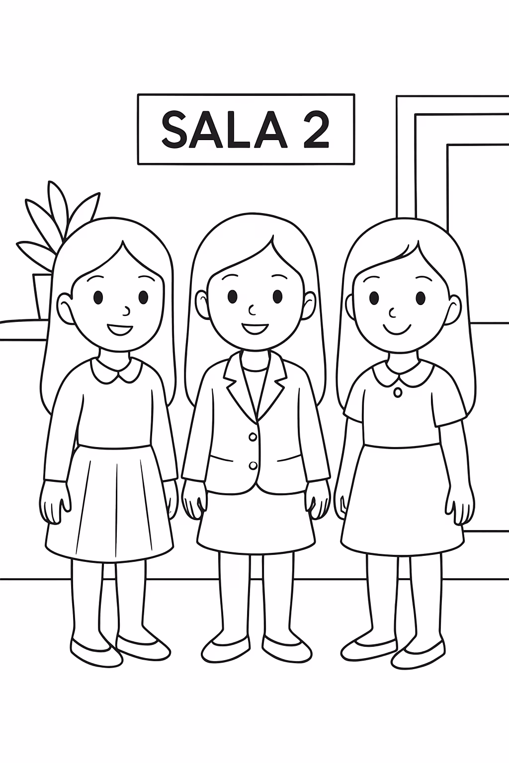 Tres meninas de cabelo liso com roupas sociais e escrito para colorir — desenho para imprimir