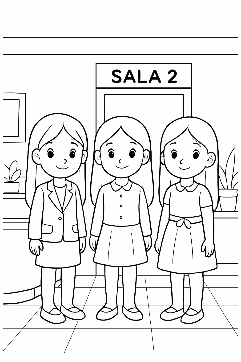 Tres meninas de cabelo liso com roupas sociais e escrito para colorir — desenho para imprimir