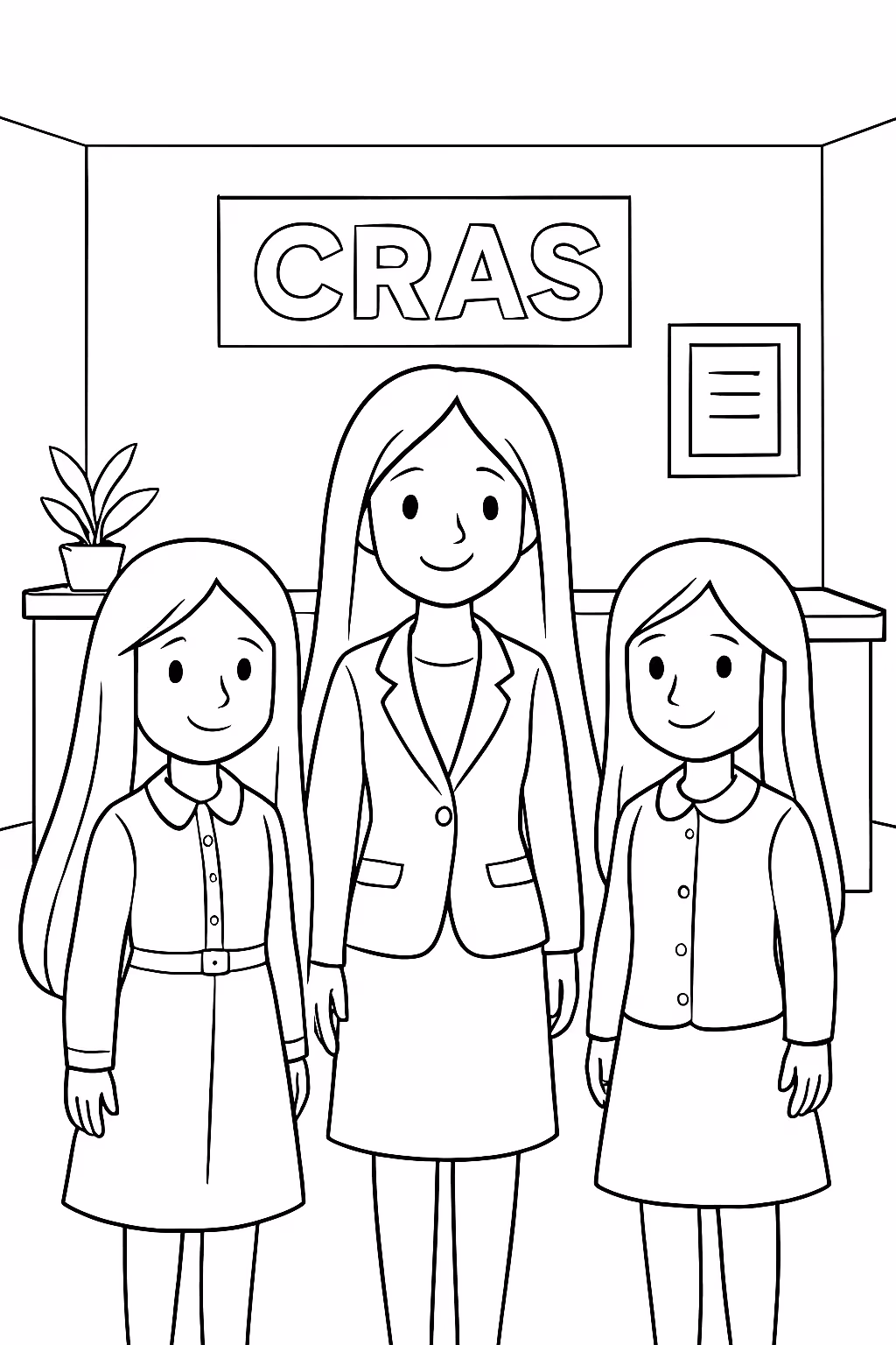 Tres meninas de cabelo liso com roupas sociais sendo uma para colorir — desenho para imprimir