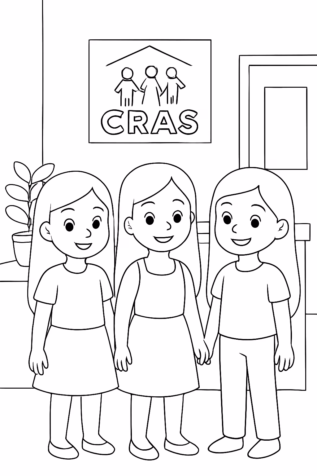 Tres meninas de cabelo liso em uma recepcao do cras para colorir — desenho para imprimir