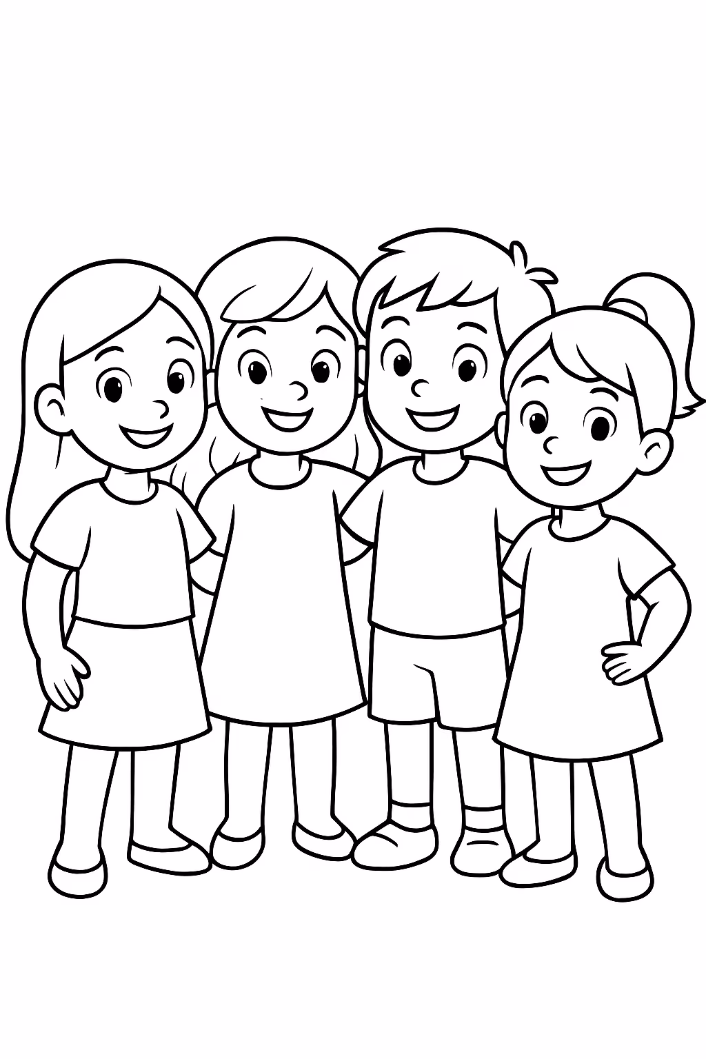 Tres meninas e um menino para colorir — desenho para imprimir