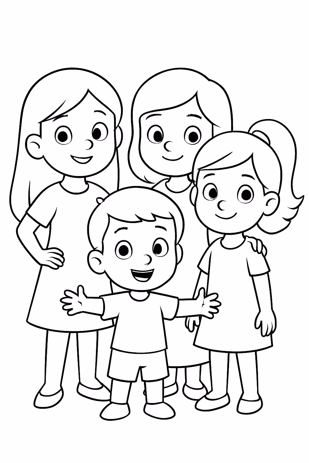 Tres meninas e um menino de para colorir — desenho para imprimir