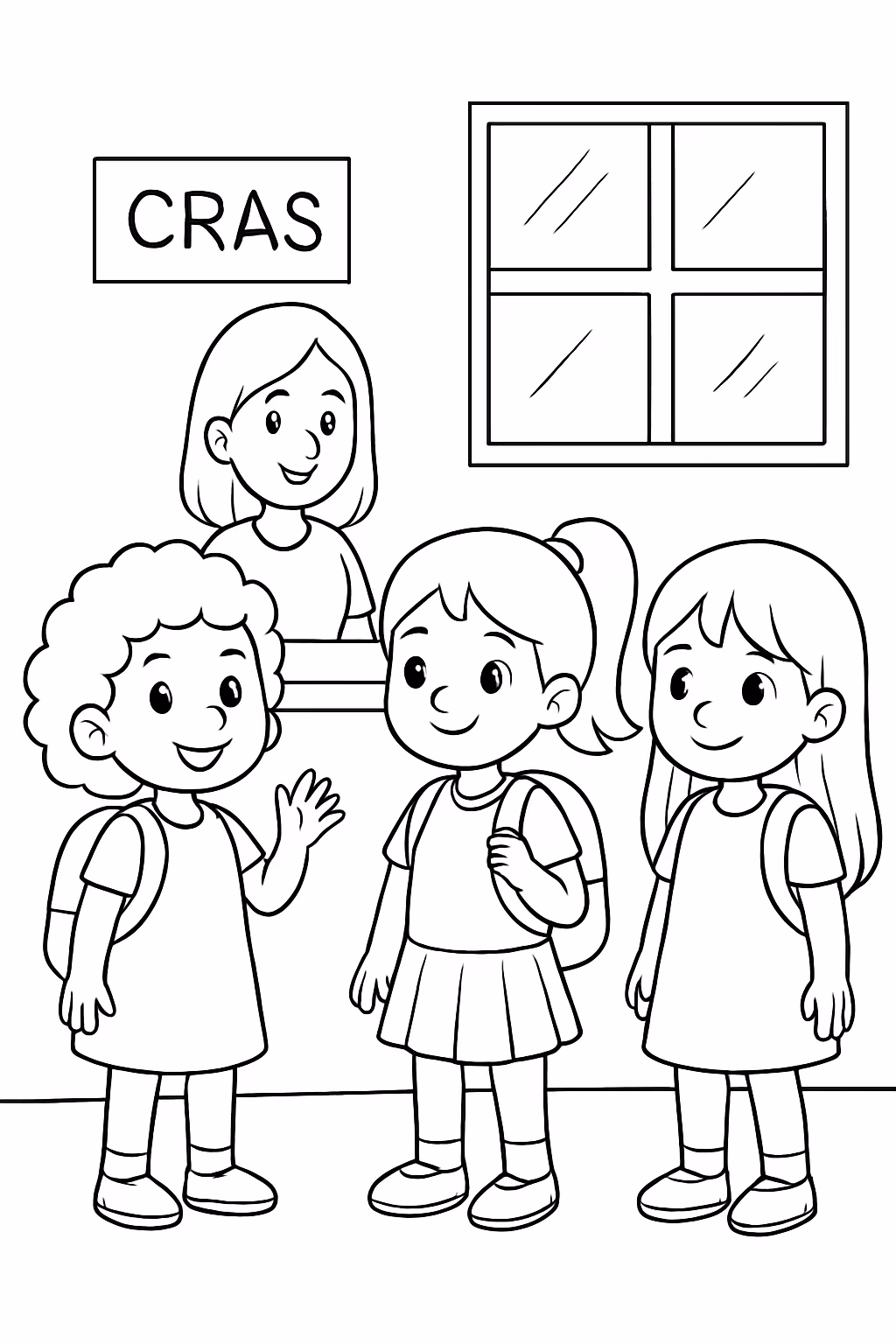 Tres meninas em uma recepcao do cras para colorir — desenho para imprimir