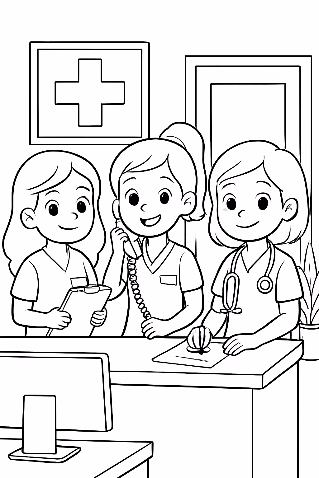 Tres meninas trabalhando na recepcao de um hospital para colorir — desenho para imprimir