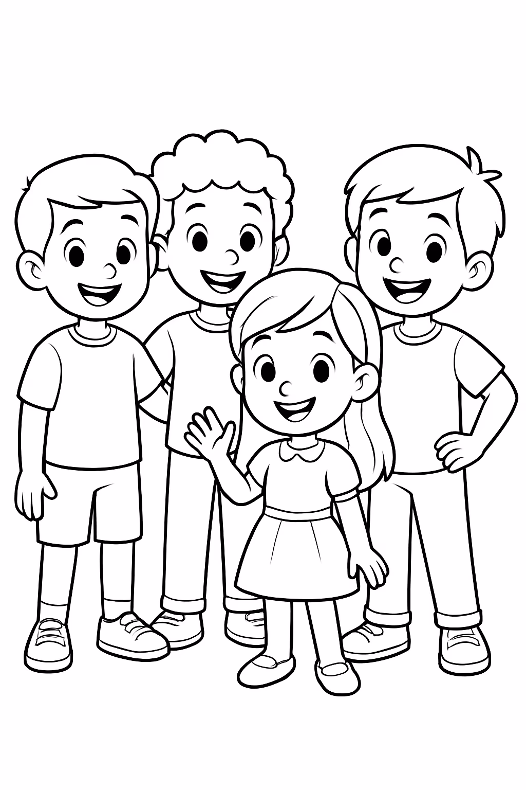 Tres meninos e uma menina para colorir — desenho para imprimir