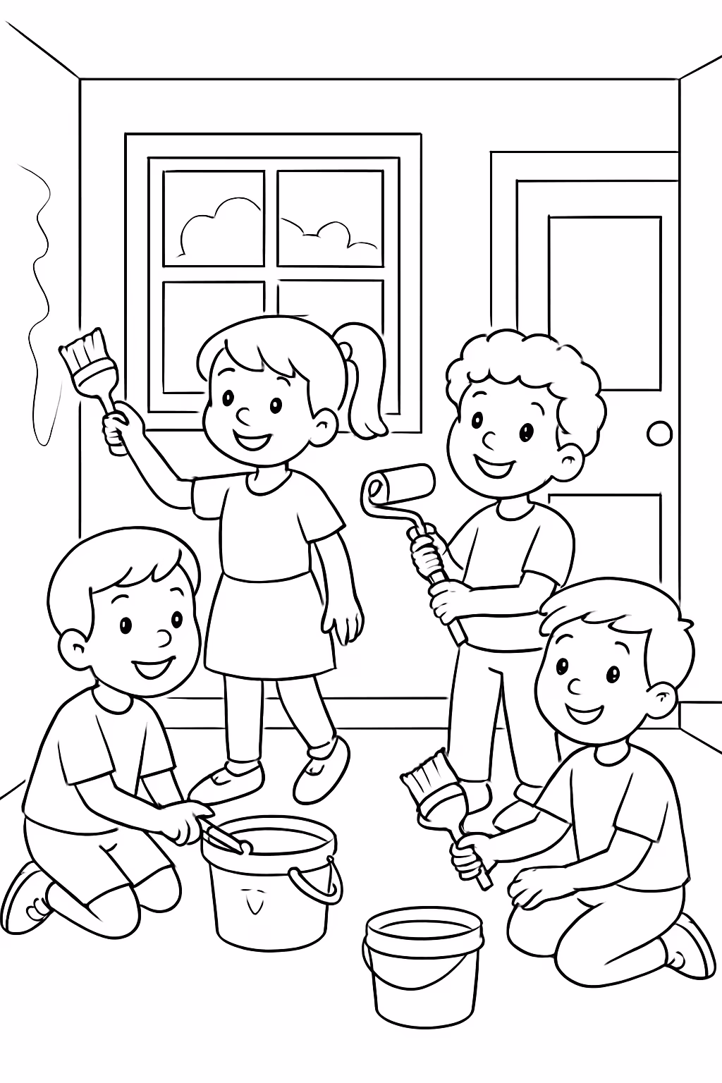 Tres meninos e uma menina em uma casa pintando para colorir — desenho para imprimir