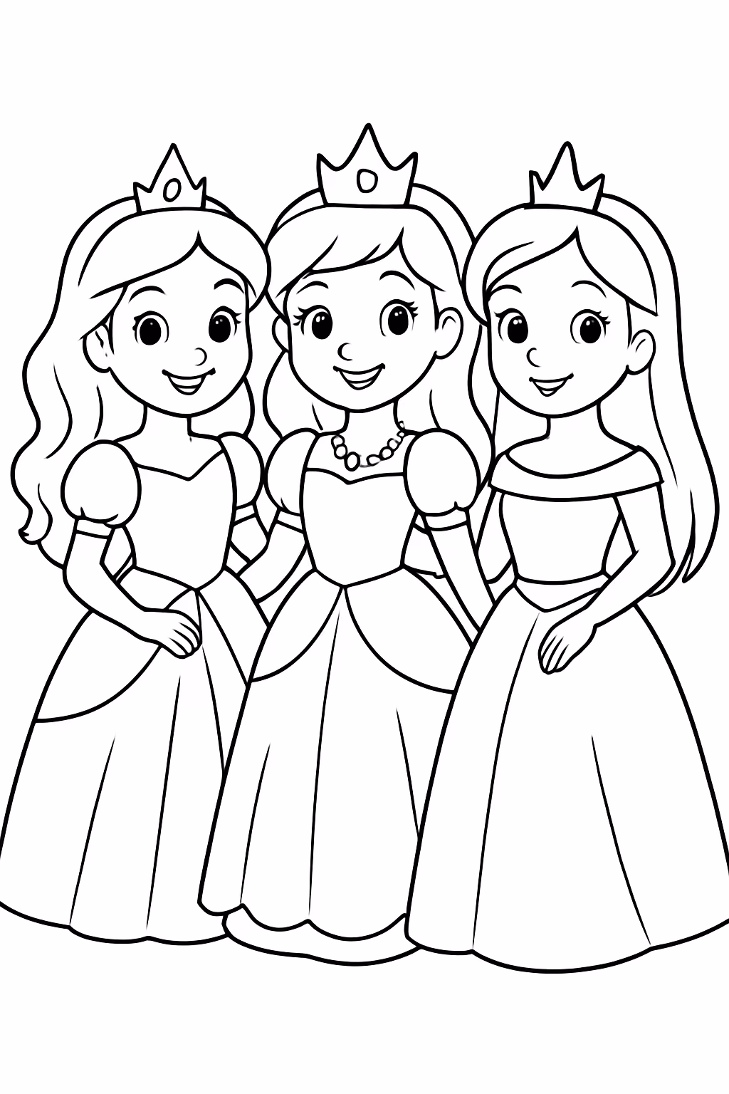 Tres princesas juntas para colorir — desenho para imprimir