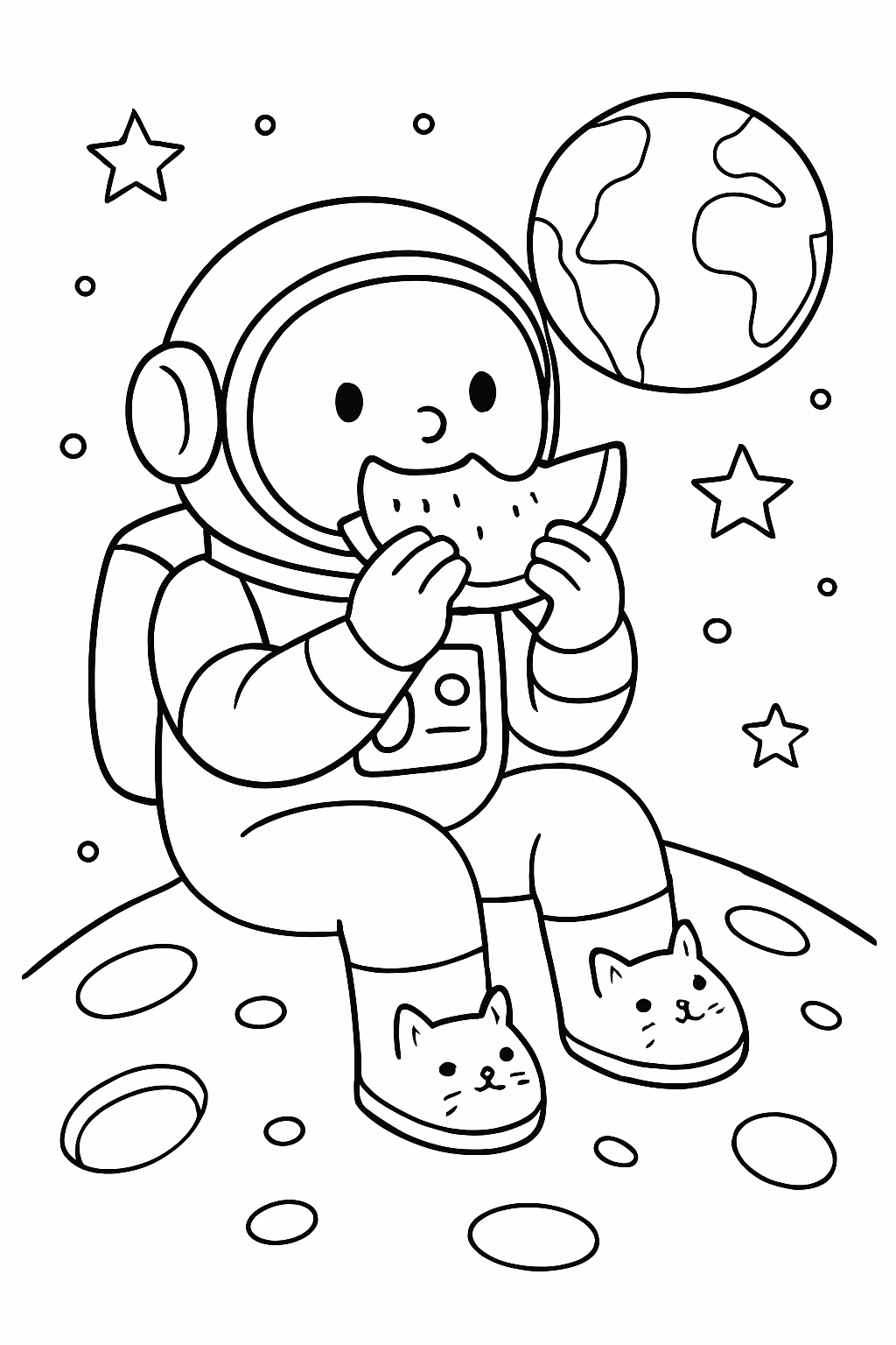 Um astronauta comendo manga na lua com um sapato de para colorir — desenho para imprimir