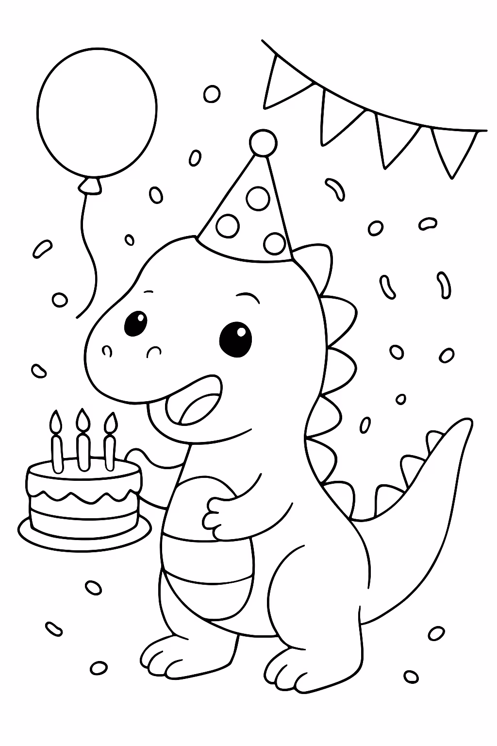 Um bebe dinossauro cantando parabens em sua festa de aniversario para colorir — desenho para imprimir