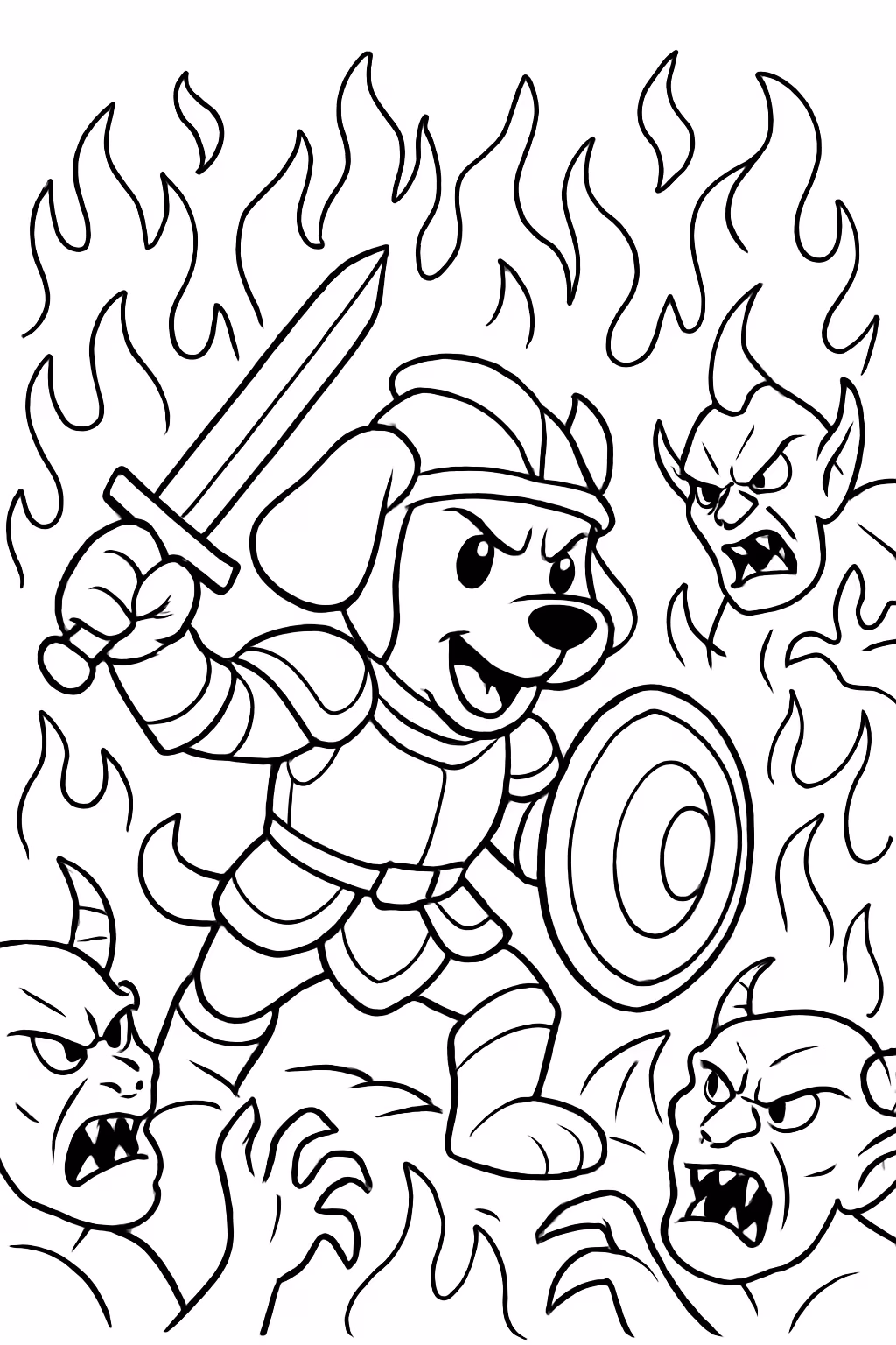 Um cachorro com uma armadura combatendo demonios no inferno para colorir — desenho para imprimir