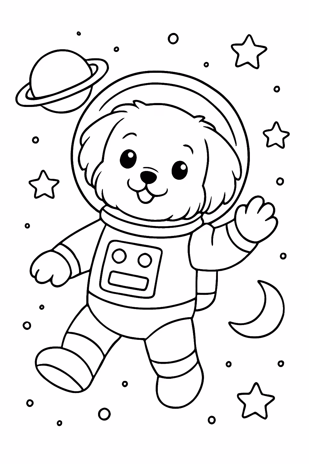 Um cachorro maltes vestido de astronauta no espaco para colorir — desenho para imprimir