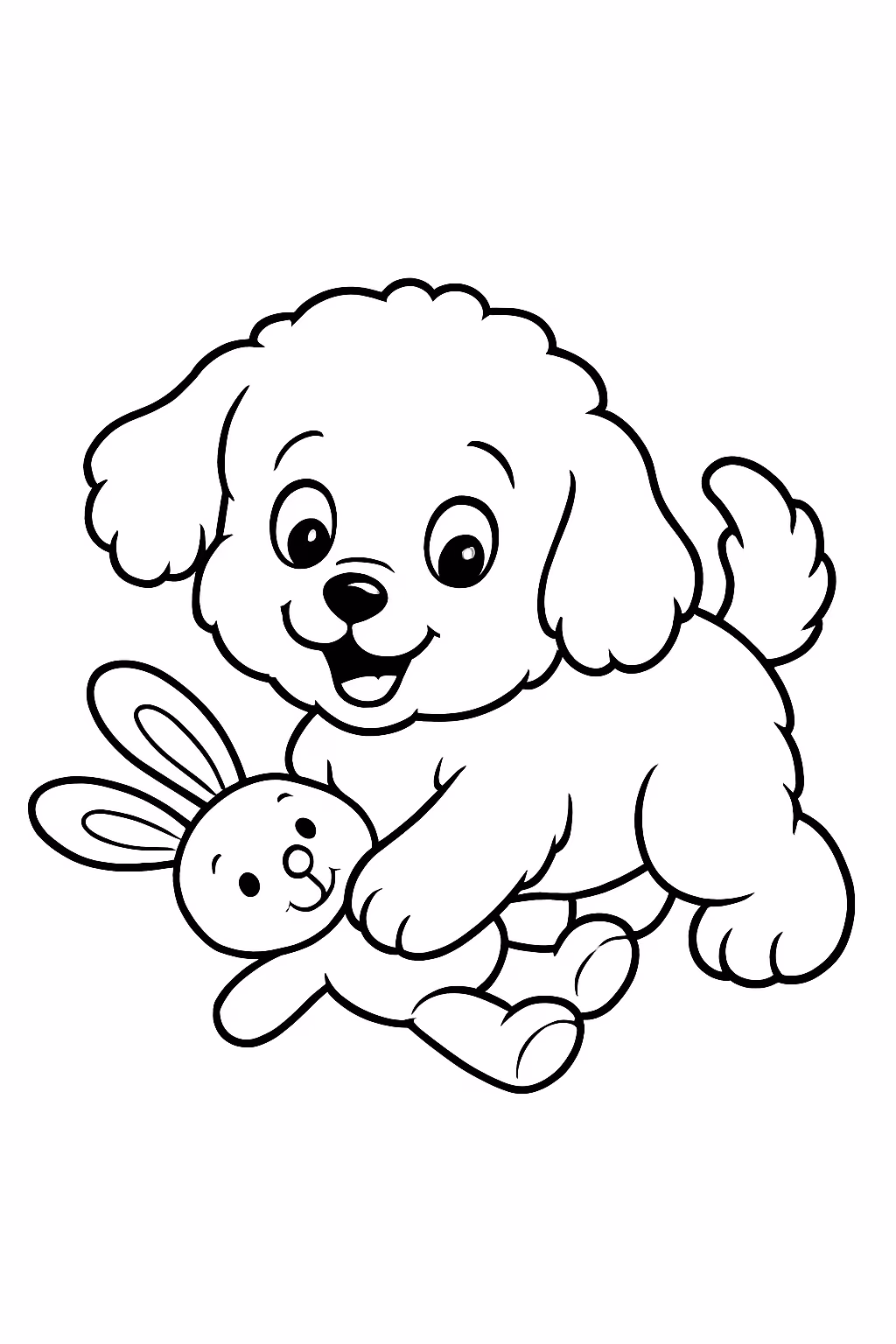 Um cachorro meio poddle misturado com maltes brincando com uma para colorir — desenho para imprimir
