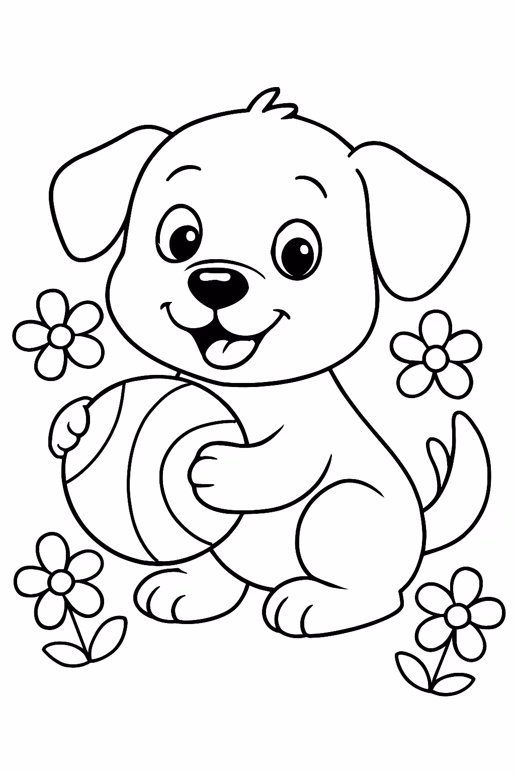 Um cachorro segurando uma bola com flores em volta para colorir — desenho para imprimir