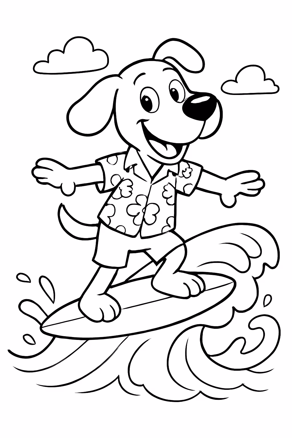 Um cachorro surfando no hawai para colorir — desenho para imprimir