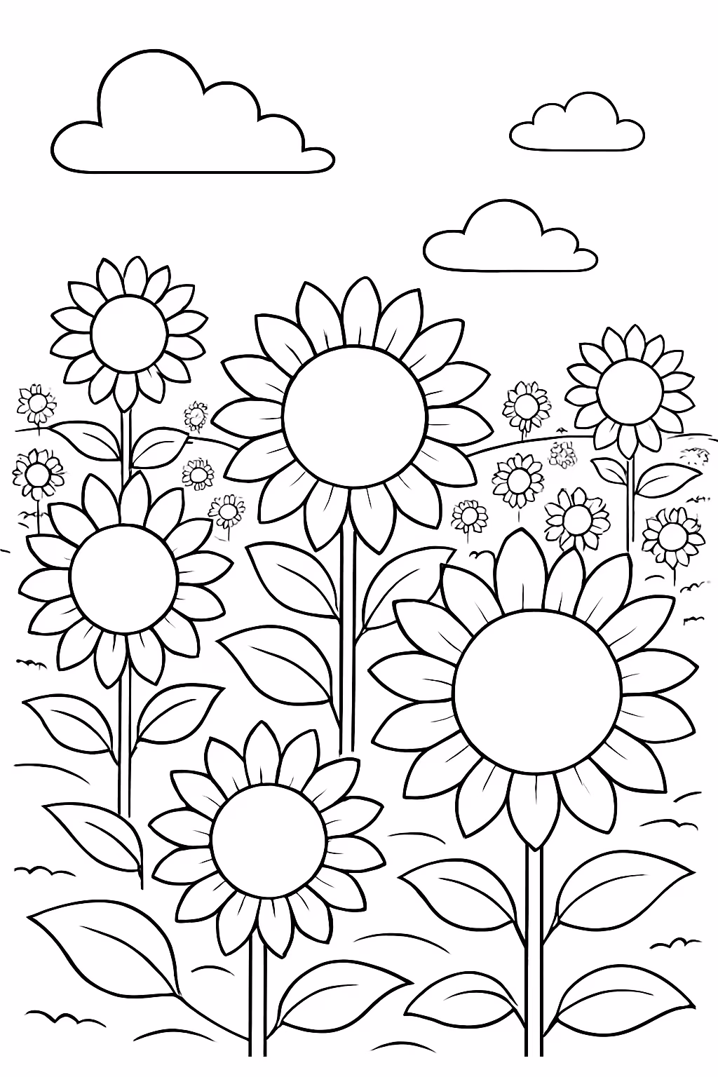 Um campo cheio de girassois para colorir — desenho para imprimir