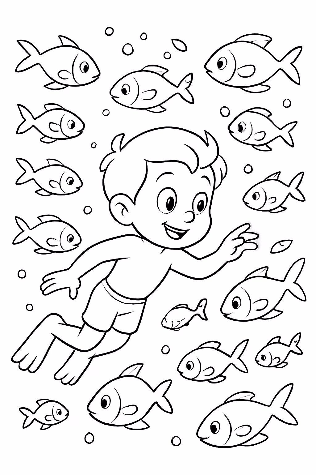 Um cardume de peixes com um menino nadando para colorir — desenho para imprimir