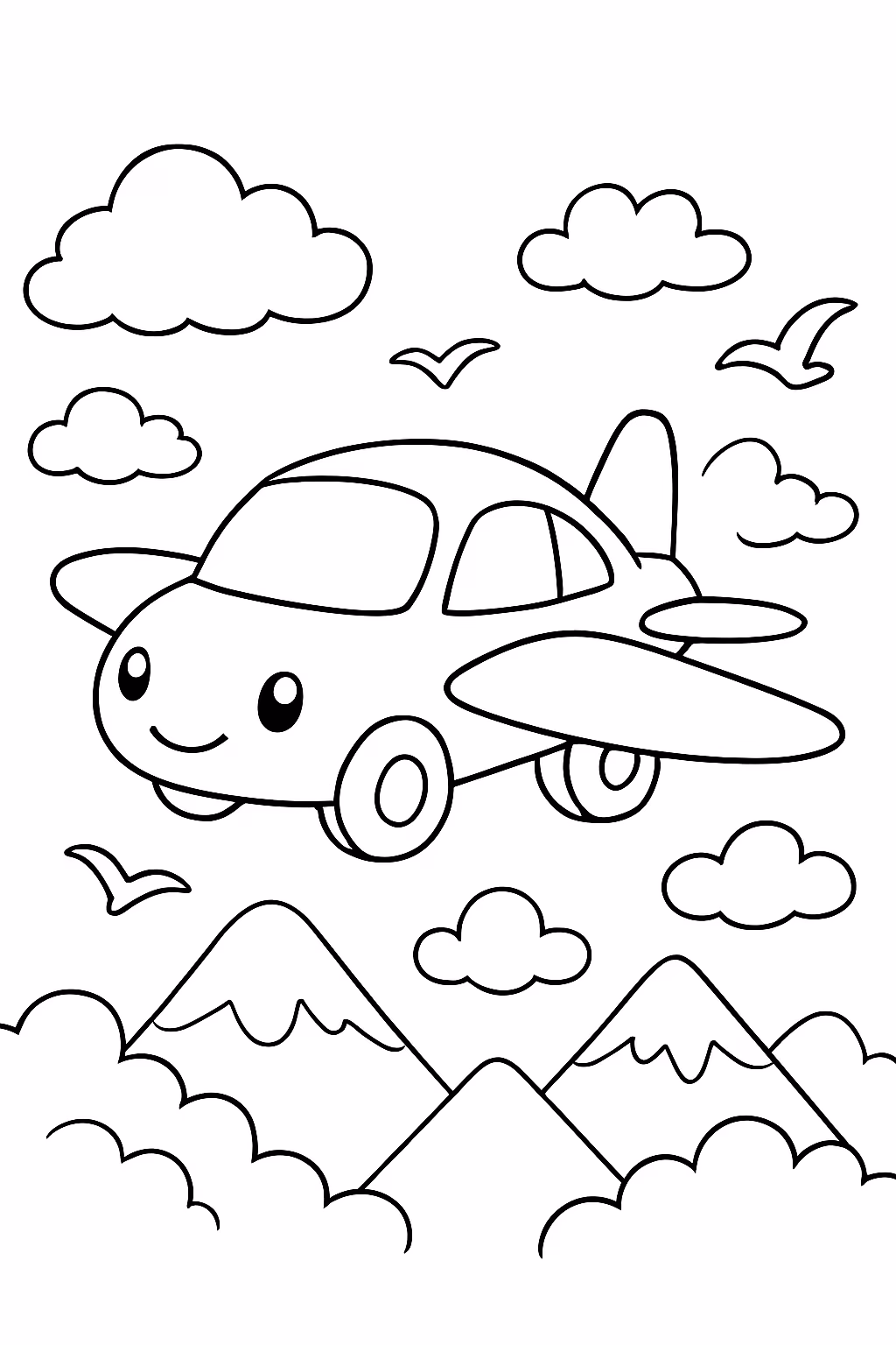 Um carro voador entre as nuvens e montanhas com aves para colorir — desenho para imprimir