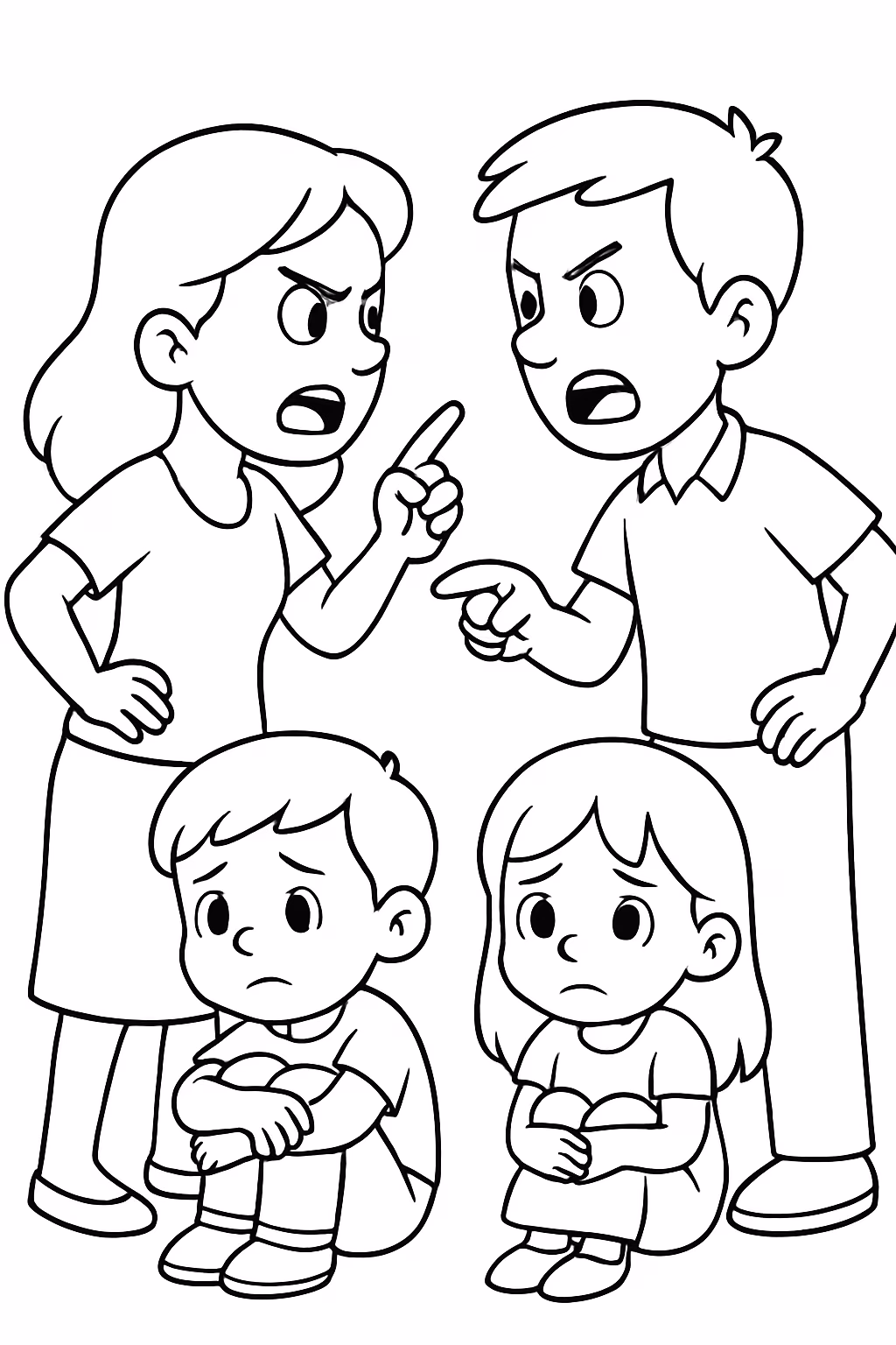 Um casal brigando e filhos escutando eles e ficando para colorir — desenho para imprimir