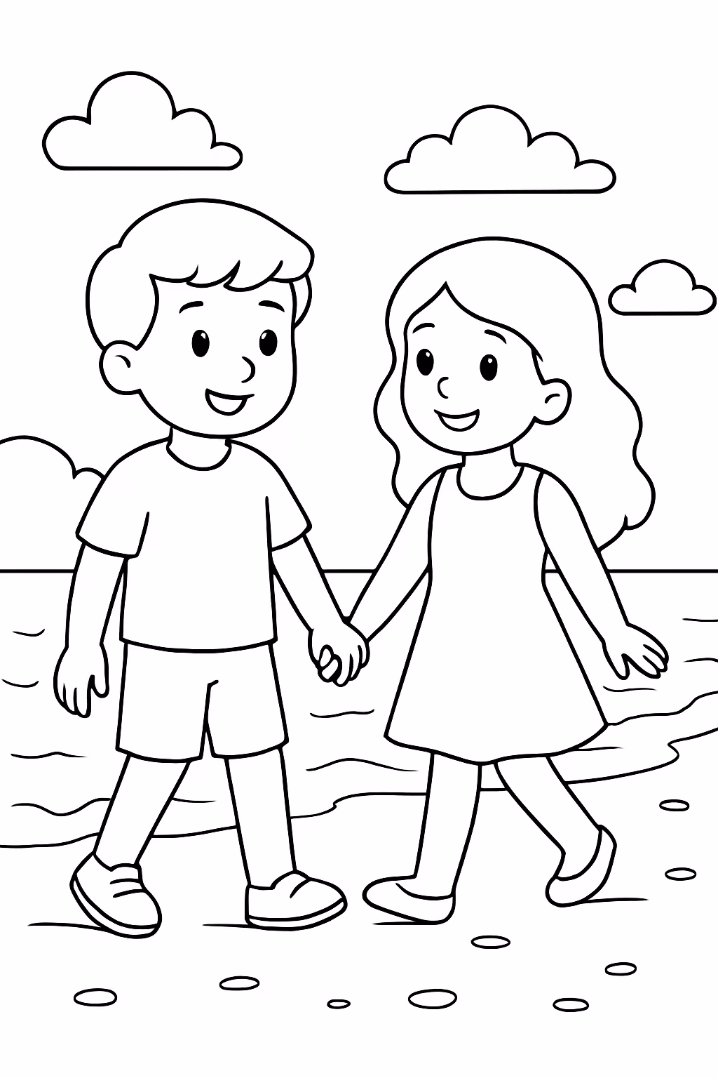 Um casal caminhando na praia para colorir — desenho para imprimir